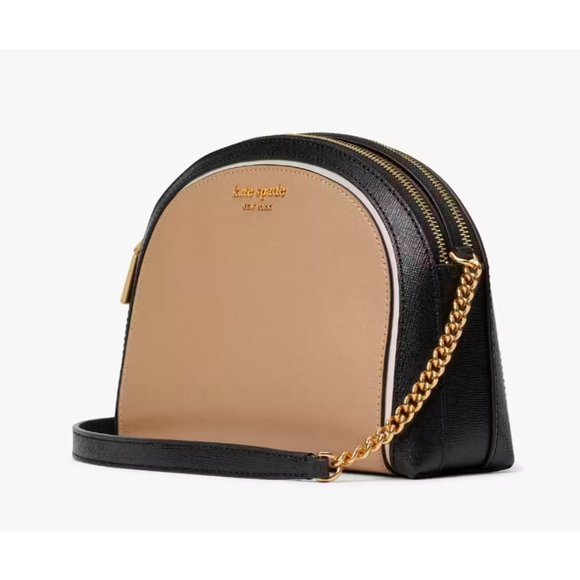 New Kate Spade Morgan Colorblock Double-zip Dome Crossbody Leather Cafe Mocha - Picture 1 of 4